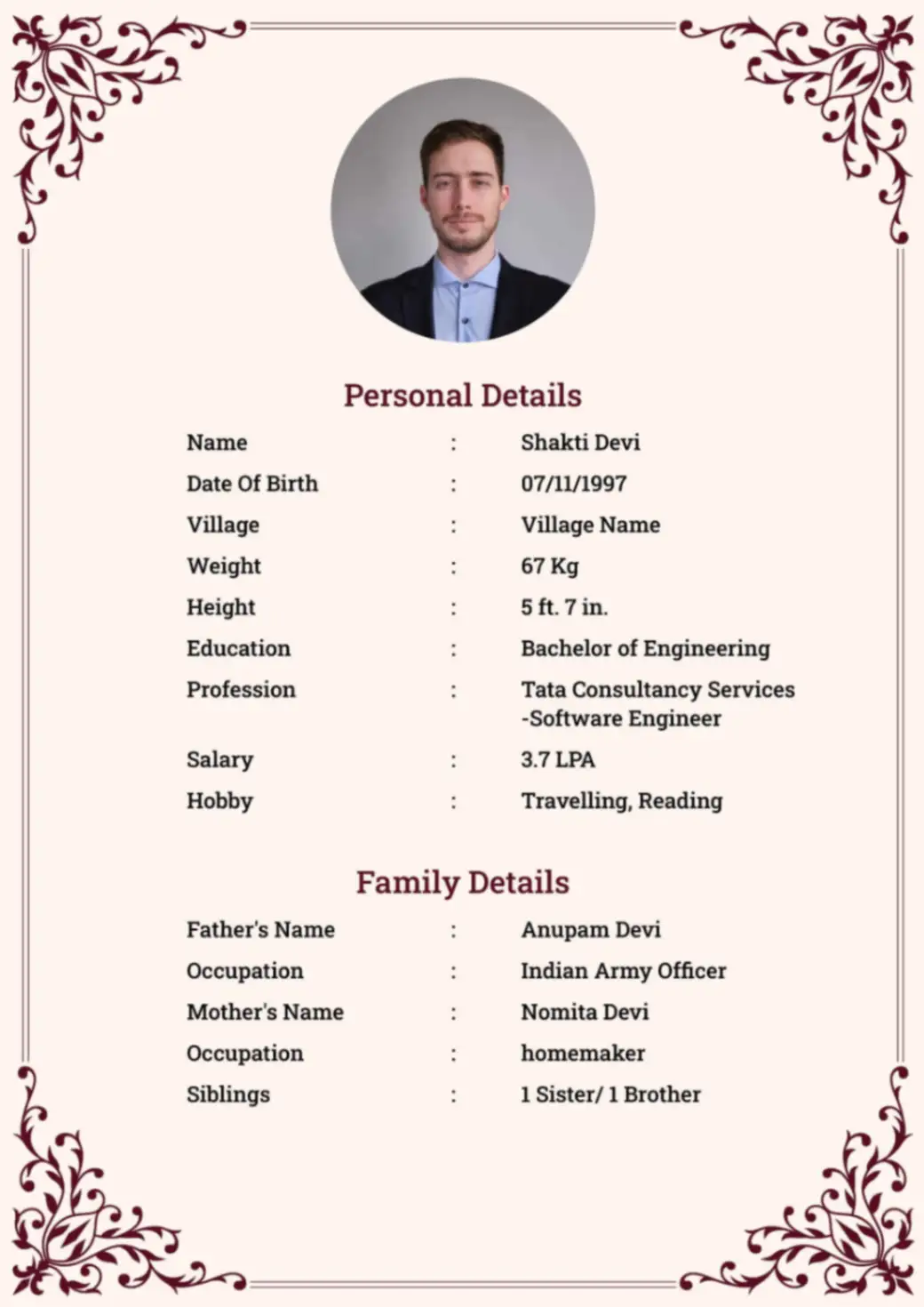 Marriage biodata template 1 — professional marriage biodata template with photo placeholder