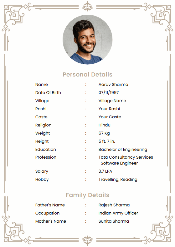 Marriage biodata template 21 — professional marriage biodata template with photo placeholder