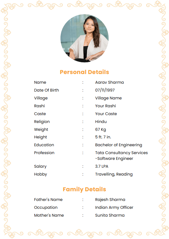 Marriage biodata template 8 — professional marriage biodata template with photo placeholder