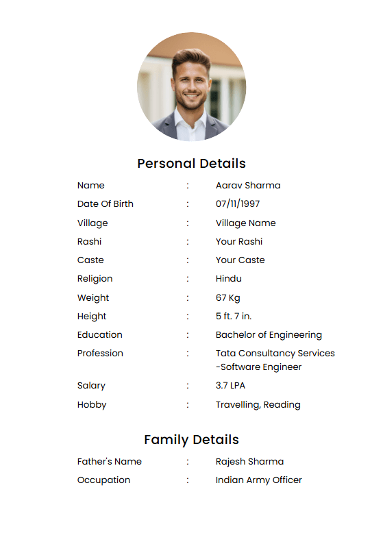 Marriage biodata template 9 — professional marriage biodata template with photo placeholder