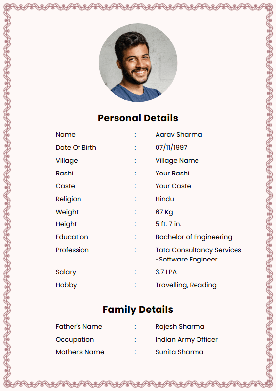 Christian bride marriage biodata template — detailed two-page layout