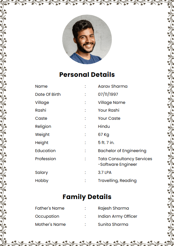 Hindu bride marriage biodata template — detailed two-page layout