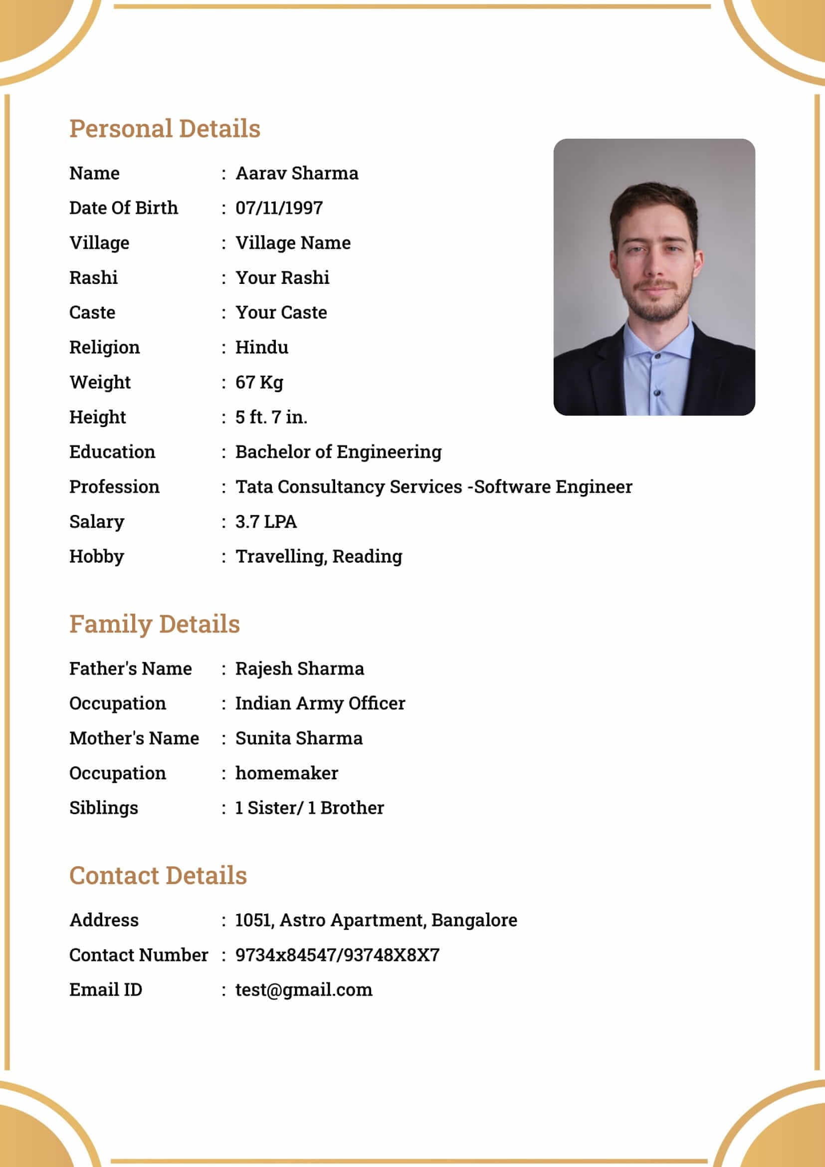 Hindu bride marriage biodata template — detailed two-page layout