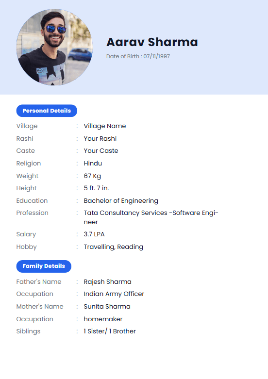 Hindu bride marriage biodata template — detailed two-page layout