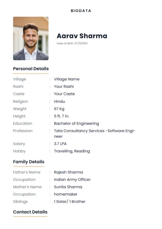 Hindu bride marriage biodata template — detailed two-page layout