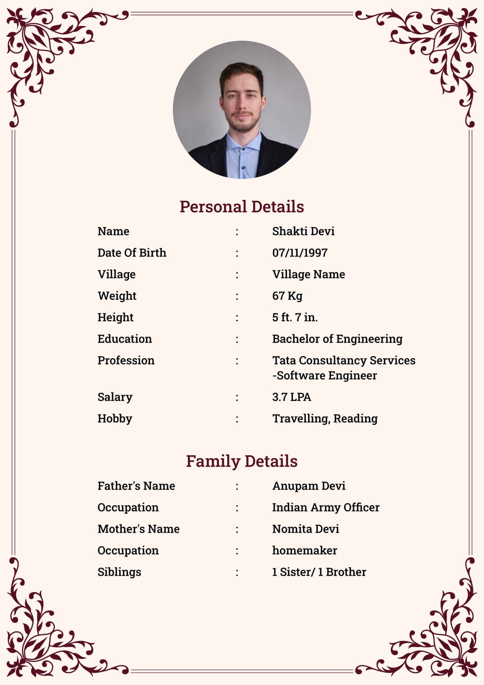 Hindu bride marriage biodata template — simple one-page layout