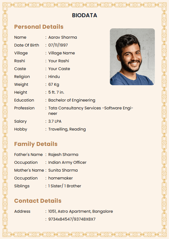 Hindu bride marriage biodata template — simple one-page layout