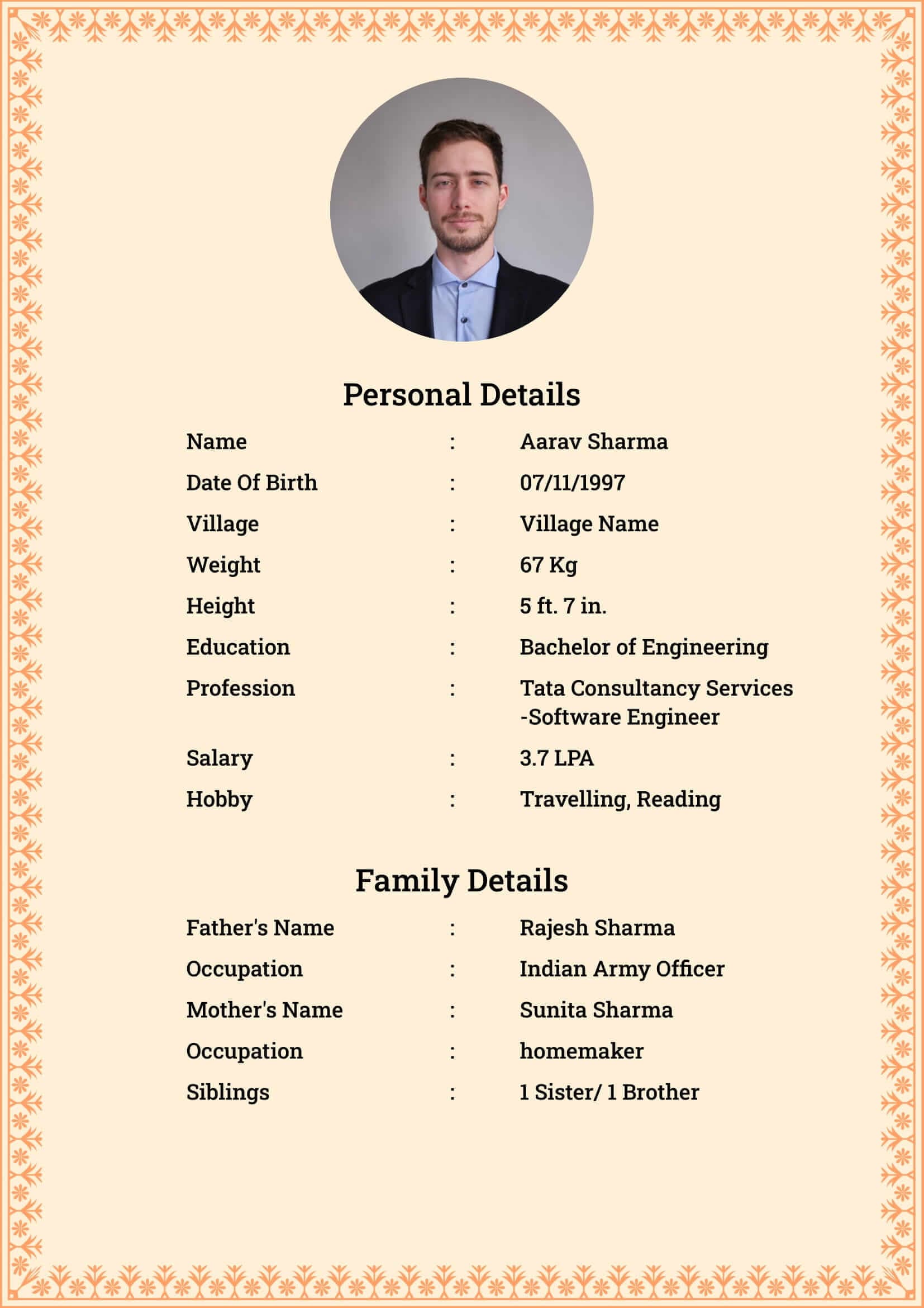 Hindu groom marriage biodata template — detailed two-page layout