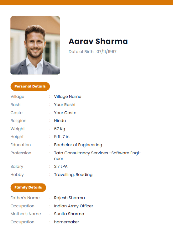 Hindu groom marriage biodata template — Parents' Favorite — detailed two-page layout