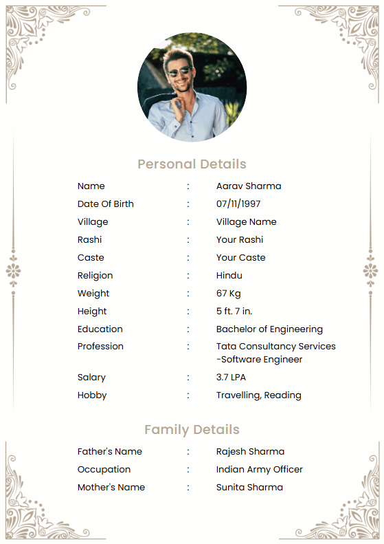 Hindu groom marriage biodata template — simple one-page layout