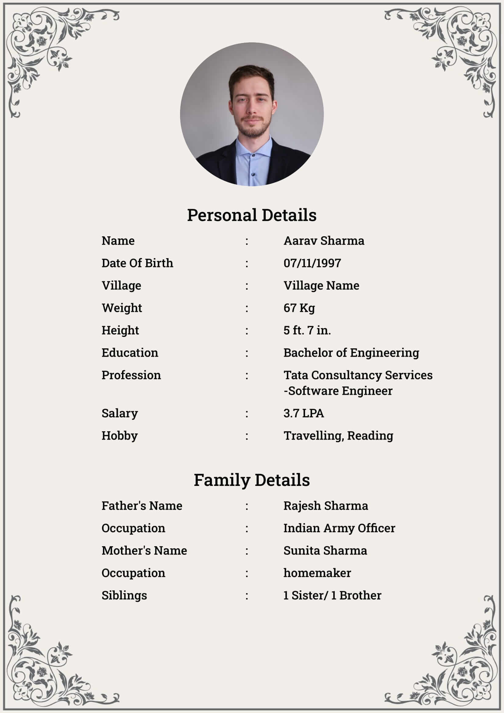Hindu groom marriage biodata template — simple one-page layout