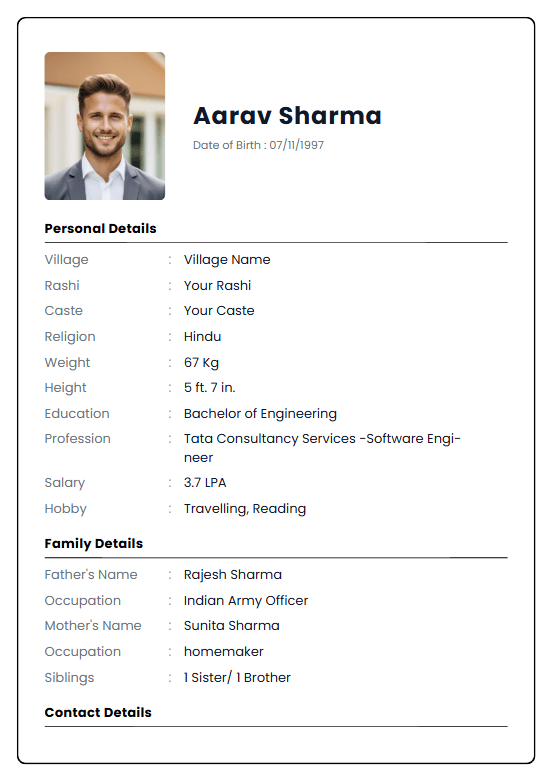 Hindu groom marriage biodata template — detailed two-page layout