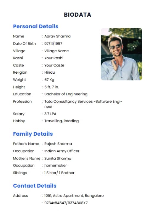 Hindu bride marriage biodata template — Most Popular — detailed two-page layout