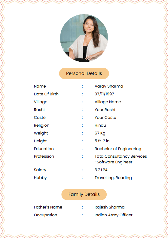 Muslim bride marriage biodata template — simple one-page layout