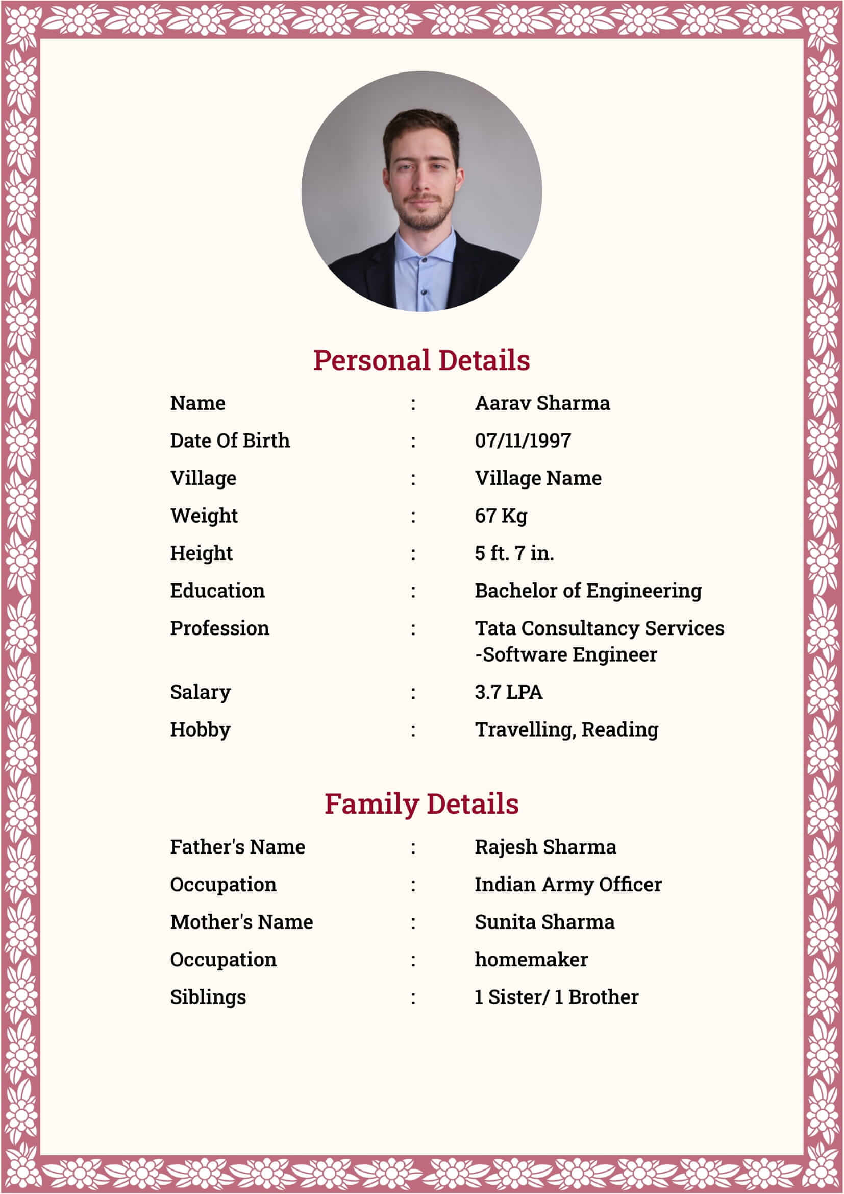 Muslim groom marriage biodata template — simple one-page layout