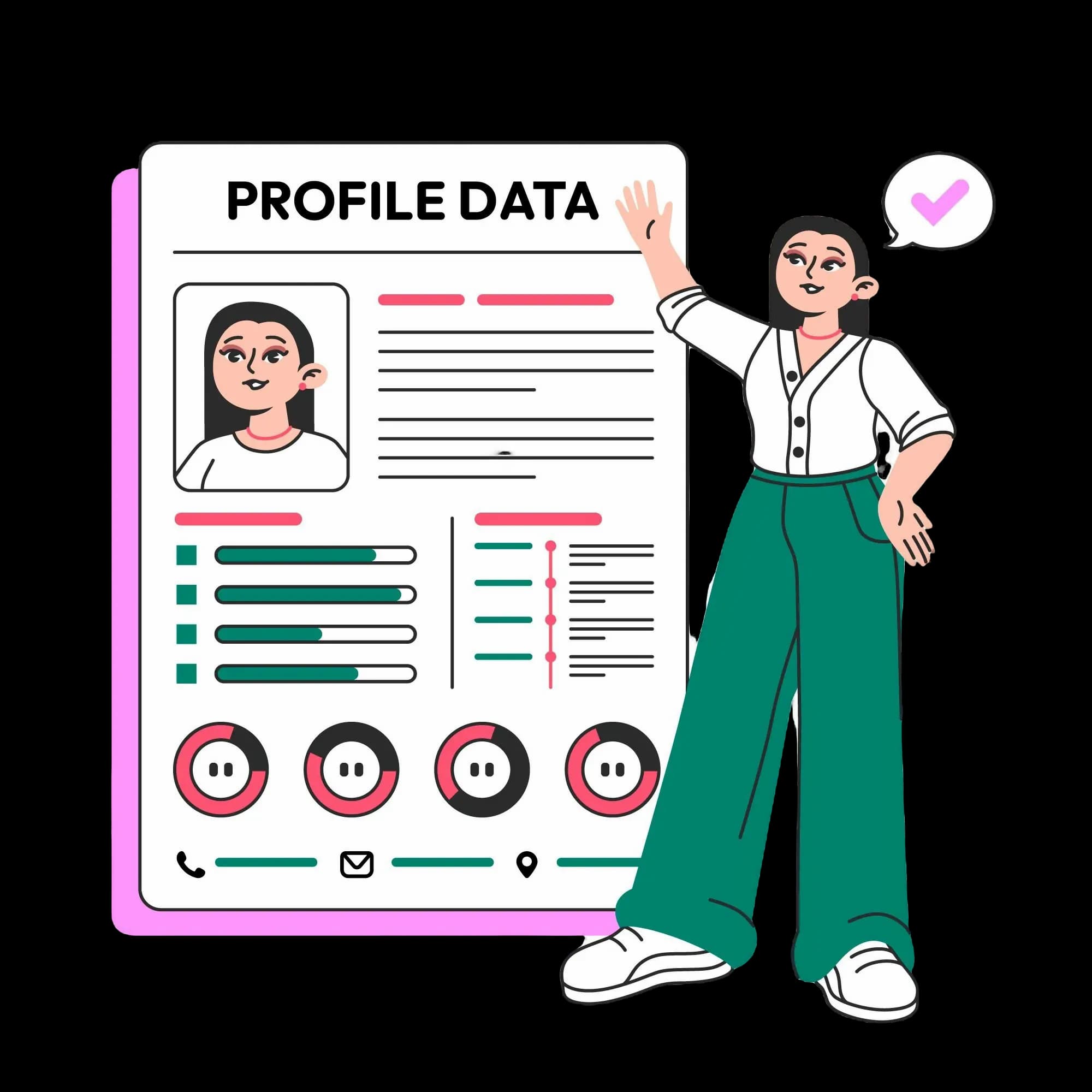 Illustration showing a person creating a professional biodata document with various templates and customization options