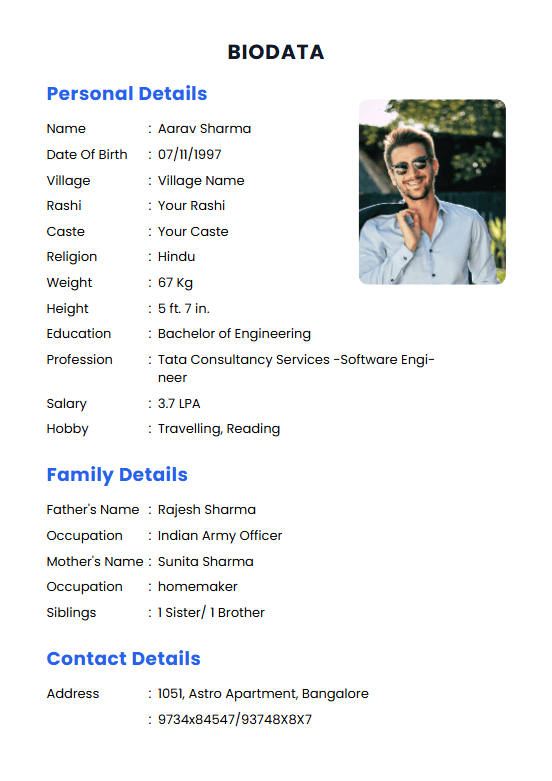 Free marriage biodata maker — sample template, PDF download, Indian matrimonial format Free online marriage biodata maker — CreateMyBiodata sample template preview